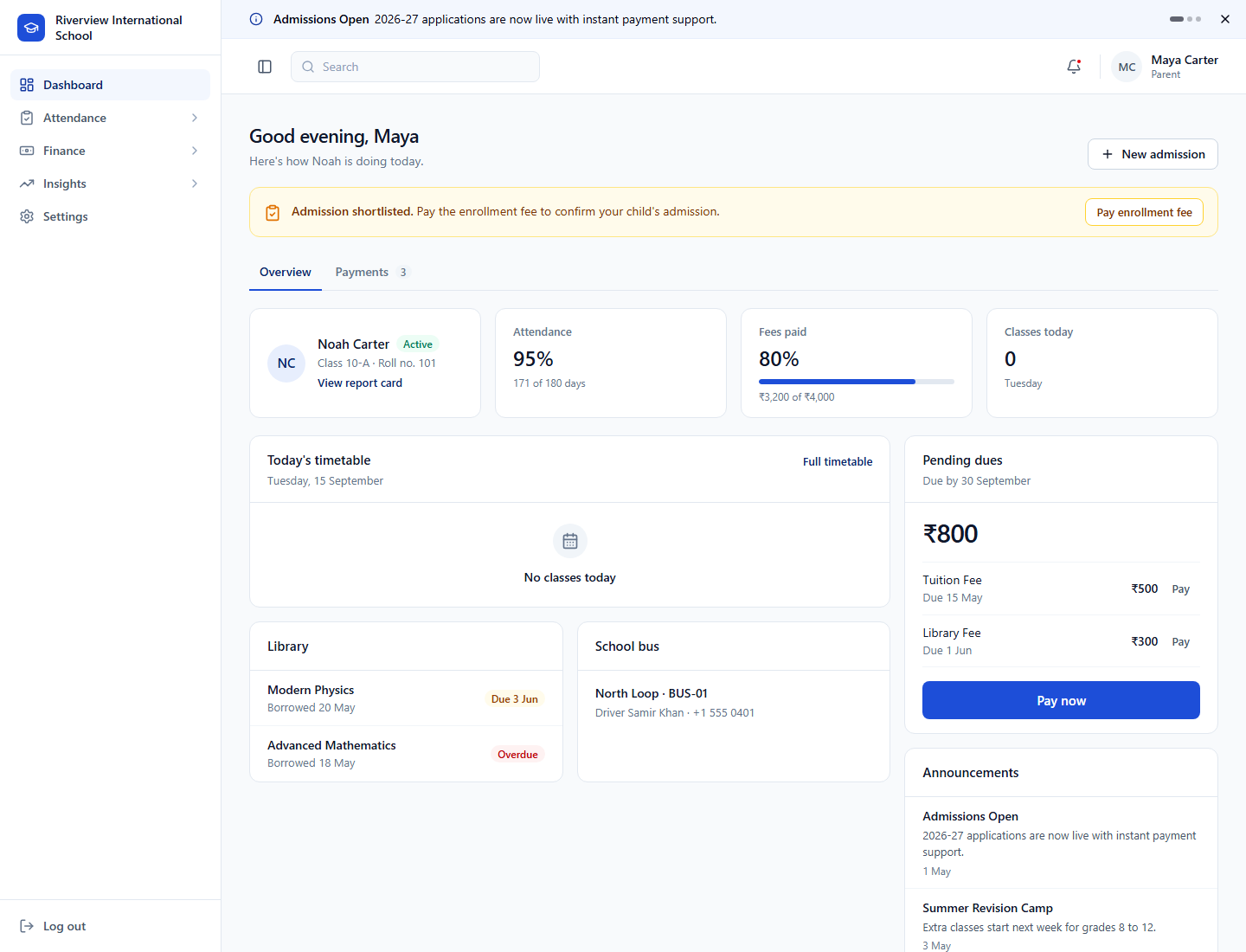 Parent dashboard showing a child's attendance, fee payment progress and pending dues