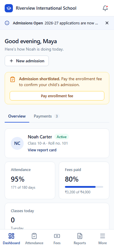 Parent app on a phone showing a child's profile and attendance
